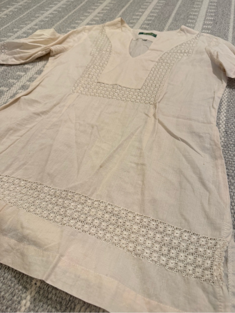 Artisanal Emblished Cream Linen Tunic Blouse with Geometric Lace Detail